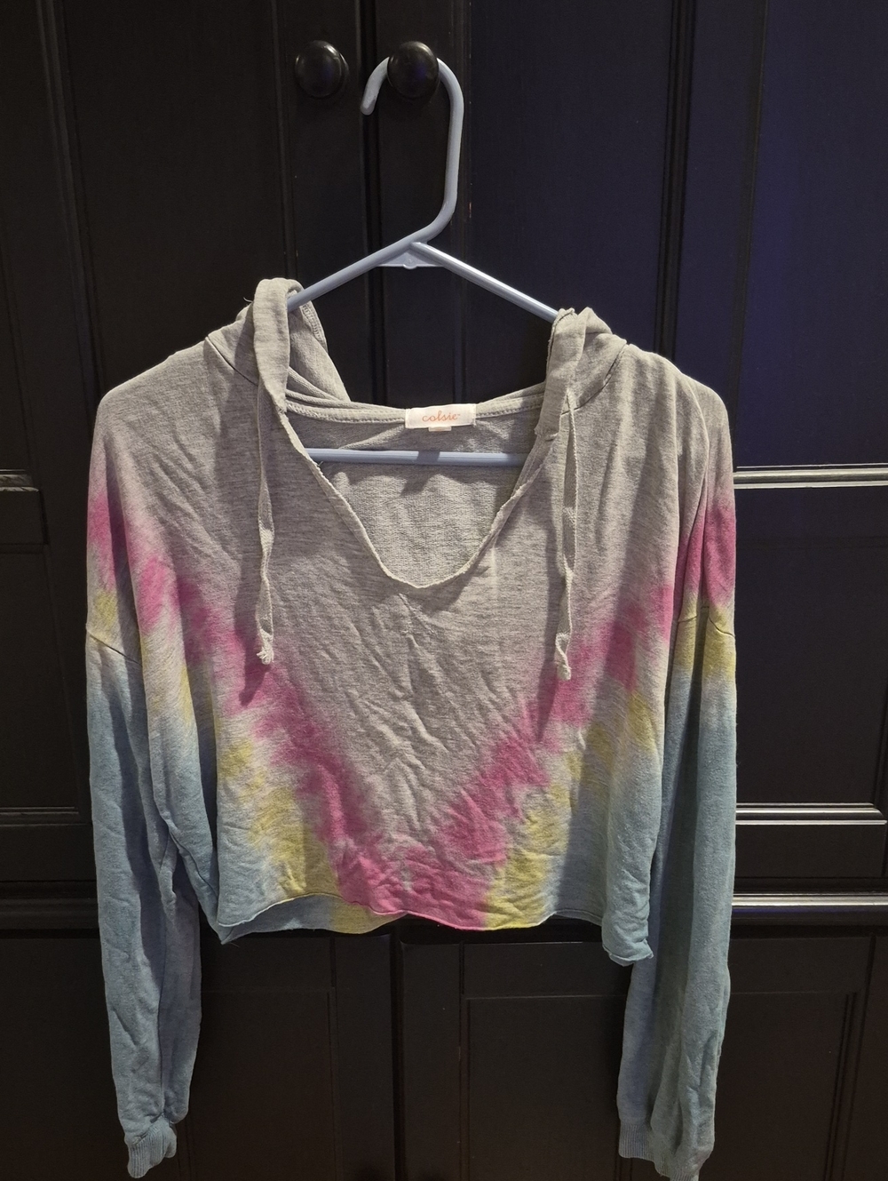Colsie Cropped Tie-Dye Hoodie in Pink, Yellow & Blue